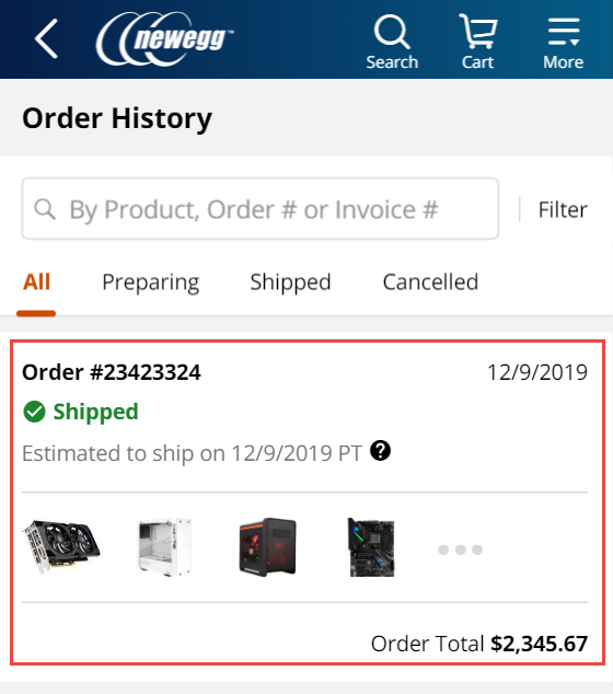 Order History in Newegg Canada app